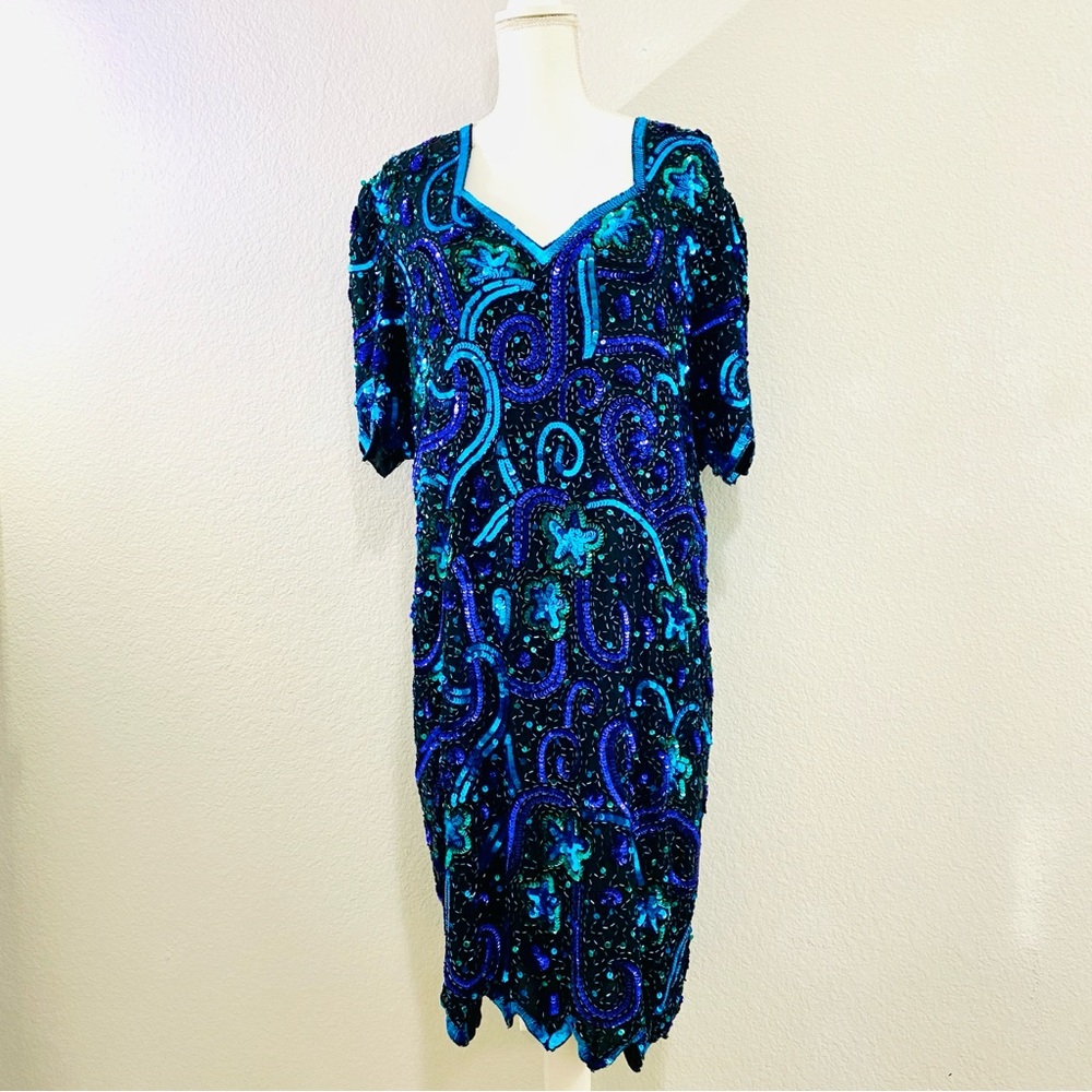 Vintage Laurence Kazar Hand Sewn Sequin and Bead Dress 100% Silk, Blue Green